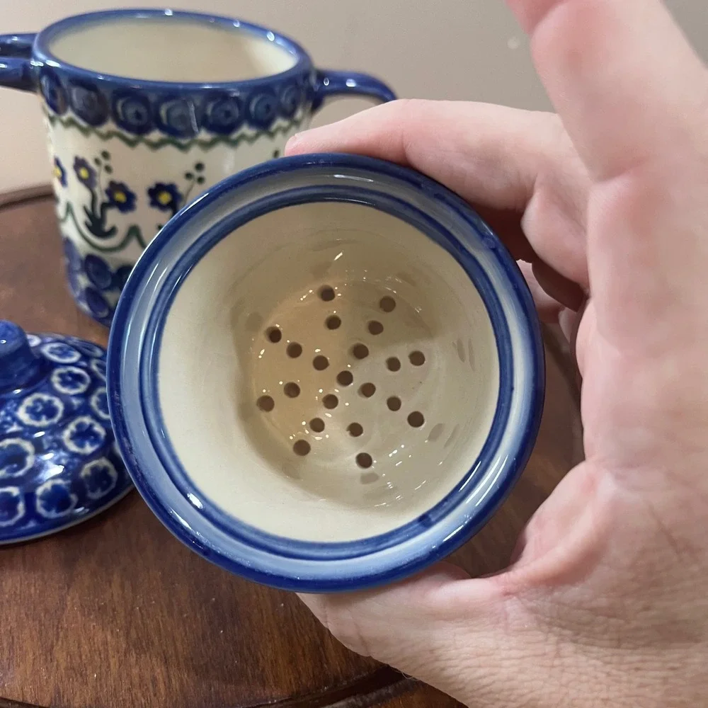 Vtg Polish Pottery Unikat Tea Infuser Mug Strainer Set Boleslawiec Blue Floral